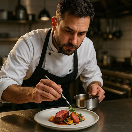 Handsome bearded man in a white apron and black apron is decorating a dish with meat.
