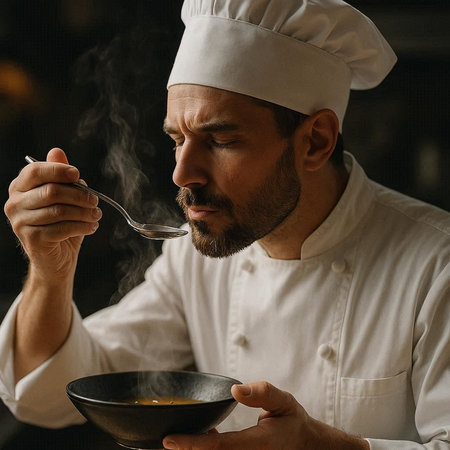 Chef in restaurant kitchen preparing food. Portrait of male cook in white uniform and hat tasting...