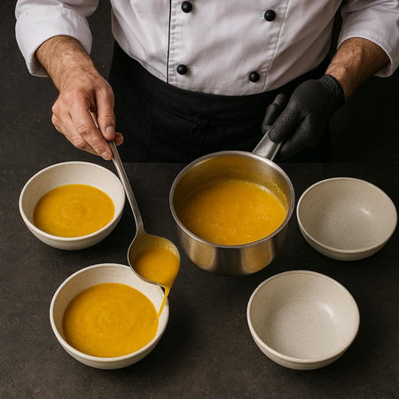 Chef preparing pumpkin puree in a pot on a dark backgroundの写真素材