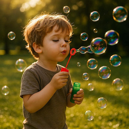 Little boy blowing soap bubbles in the park on a sunny summer day