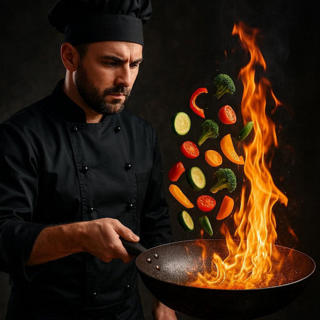 Chef cooking vegetables in a wok with fire on dark backgroundの写真素材