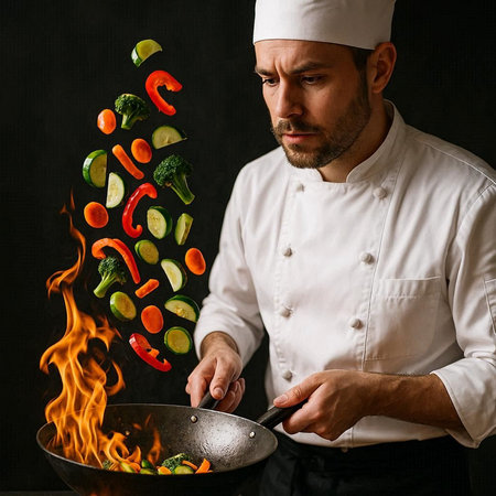Chef cooking vegetables in a frying pan on a dark background.の写真素材