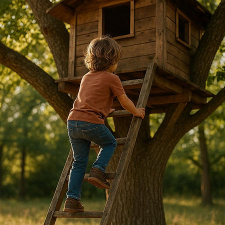 Little boy climbing a wooden ladder in the forest. Back view.