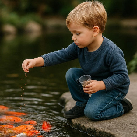 Cute little boy feeding koi fish in a pond. Child feeding fishes in a pond.