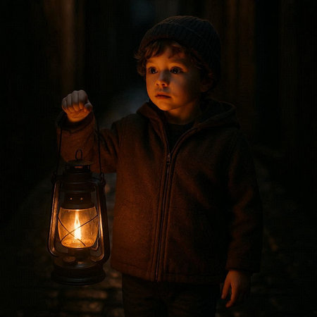 Little boy with a lantern in his hand in a dark forest.