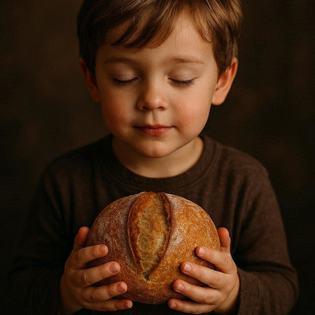 Little boy with bread in his hands on a dark background. Close-up.