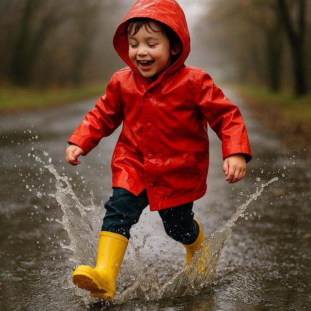 Little boy in raincoat and rubber boots splashing in puddleの写真素材