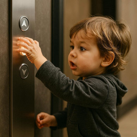 Little boy opening the elevator door. Close-up portrait of a cute childの写真素材