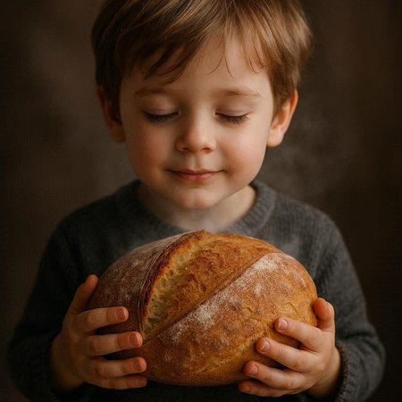 Little boy holding a freshly baked loaf of bread in his hands.の写真素材