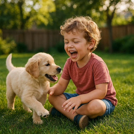 Cute little boy playing with golden retriever puppy in backyard.