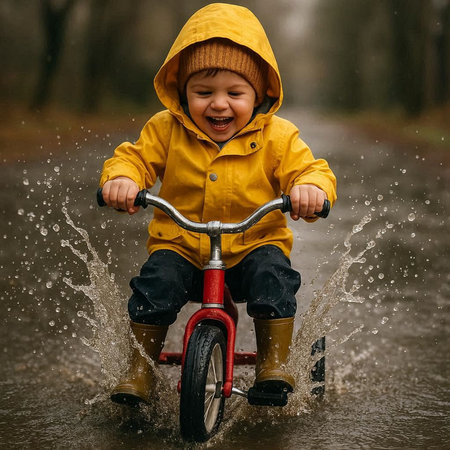 Happy little boy riding a tricycle in the rain. Cute kid having fun outdoors.