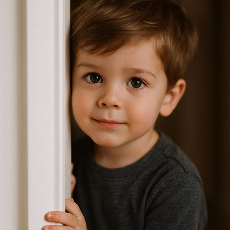 Portrait of a cute little boy standing in front of the door