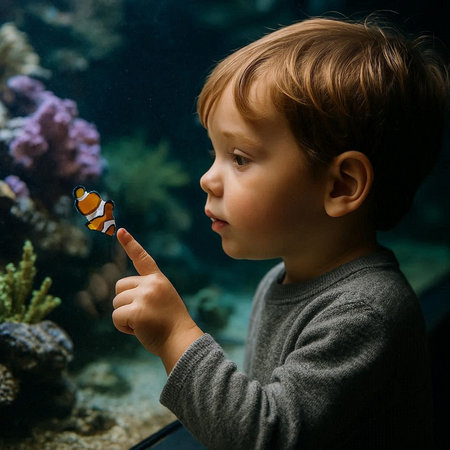 Cute little boy looking at fish in aquarium. Sea life concept
