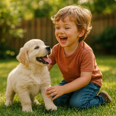Cute little boy playing with golden retriever puppy in the gardenの写真素材