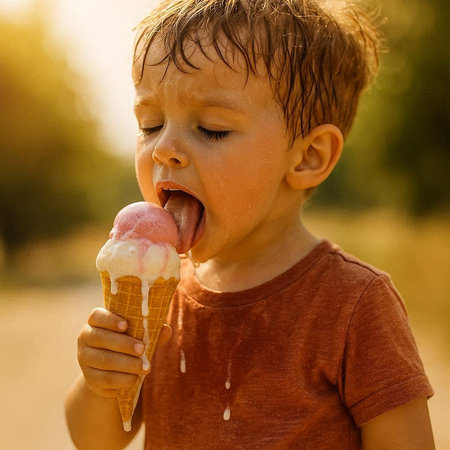 Cute little boy eating ice cream in the summer park. Outdoor portrait