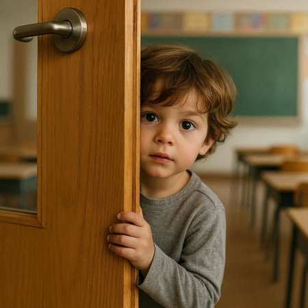 Portrait of a cute little boy looking out of a door in a classroom