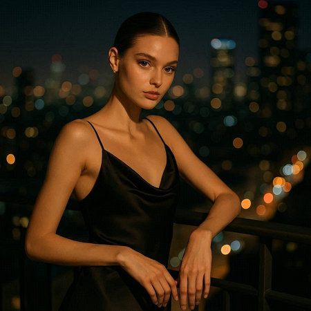 Beautiful young woman in evening dress on the balcony with a view of the city