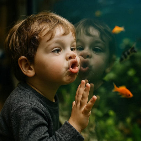 Cute little boy playing with fishes in aquarium. Child looking at fish.