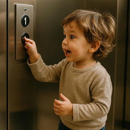 Toddler boy is pushing the elevator button in the elevator door.