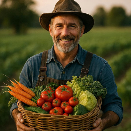 Portrait of a senior farmer holding a basket full of fresh organic vegetables