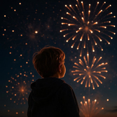Boy looking at fireworks in the night sky. Back view of a little boy looking at fireworks.