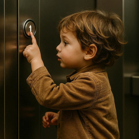 Little boy opening the door in the elevator. The child is looking at the elevator.