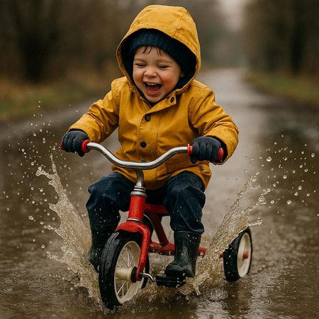 Little boy riding a tricycle through a puddle in the rain