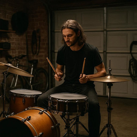 Musician playing drums in a recording studio. Man playing drums.の写真素材