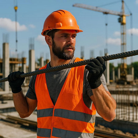 Portrait of a construction worker on the background of a construction siteの写真素材