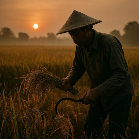 Farmer working on rice field at sunset in Mae Salong, Thailand