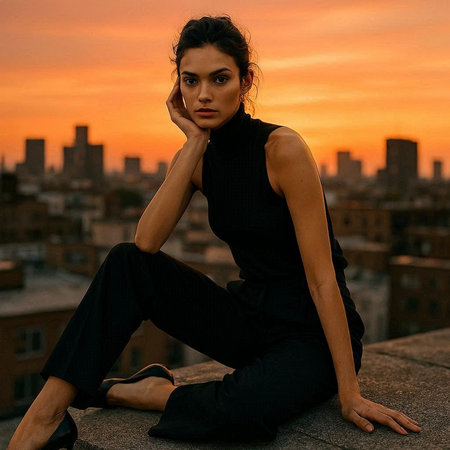 Beautiful young woman sitting on a rooftop in the city at sunsetの写真素材