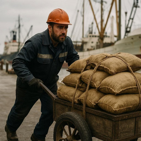 Portrait of a worker carrying a cart full of sacks on a shipyard