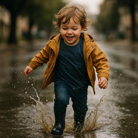 Cute little boy having fun in the rain. Happy child playing in a puddle.