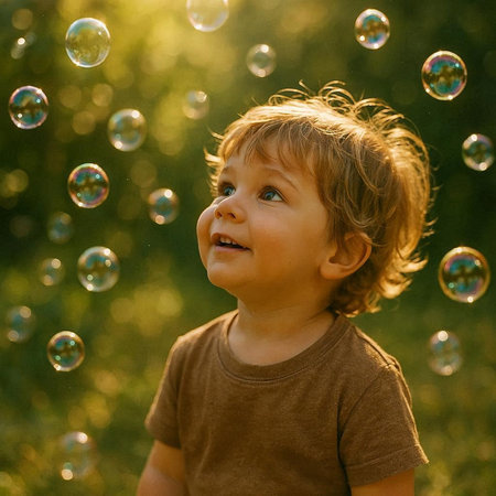 Little boy playing with soap bubbles on the meadow in the summer