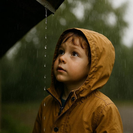 Cute little boy in raincoat looking away while standing under rain
