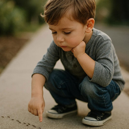 Little boy sitting on the ground in the park and looking at somethingの写真素材