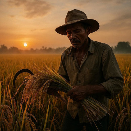 Farmer working in rice field at sunset in countryside of Thailand.の写真素材