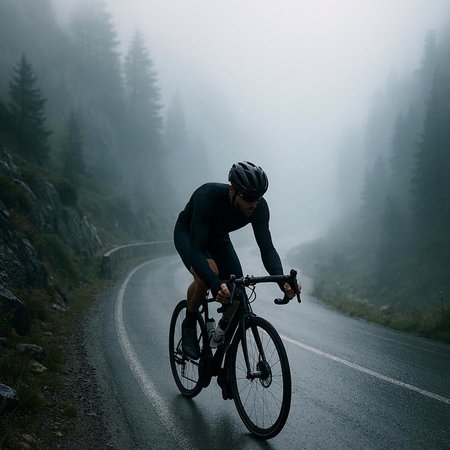 Cyclist Riding the Mountain Bike on the Road in the Foggy Forest. Extreme Sport Concept.の写真素材
