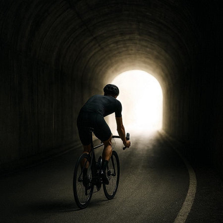 Cyclist riding bicycle in tunnel on dark background with light at endの写真素材