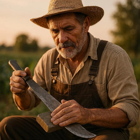 Portrait of senior farmer working in the field with his sickle