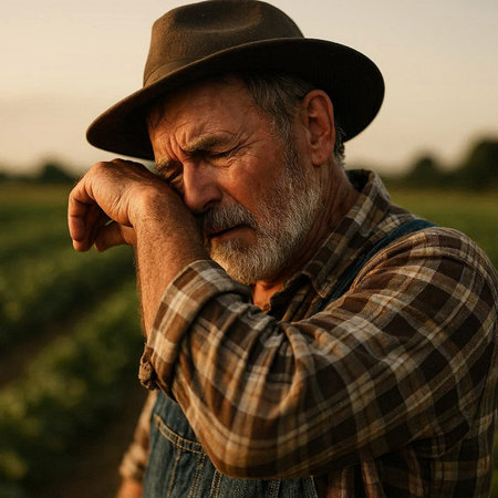Portrait of a senior farmer in his 40s wearing a hat standing in his field
