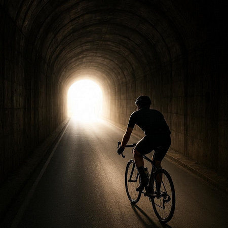 Cyclist in a tunnel with light at the end of it