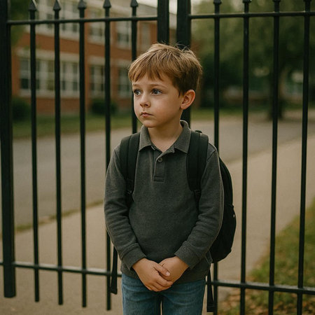 little boy in a park with a backpack on his back and looking at the camera