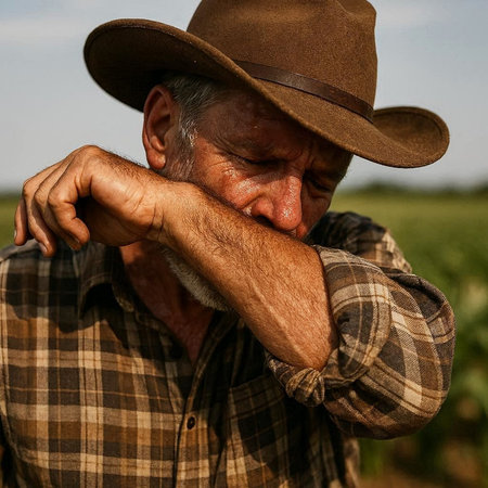 Farmer in a plaid shirt and cowboy hat in the fieldの写真素材