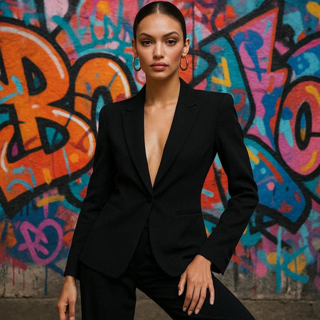 Fashionable young woman in a black suit against the background of graffiti