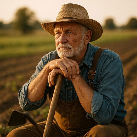 Portrait of a senior farmer with a shovel in the field.