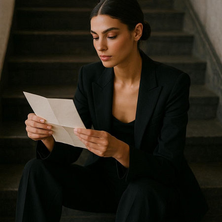Young businesswoman sitting on stairs and reading a letter. Attractive young businesswoman in black...
