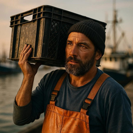 Portrait of a fisherman with a fishing net on his head.