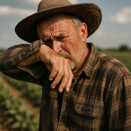 Portrait of a senior farmer in a straw hat in a field.