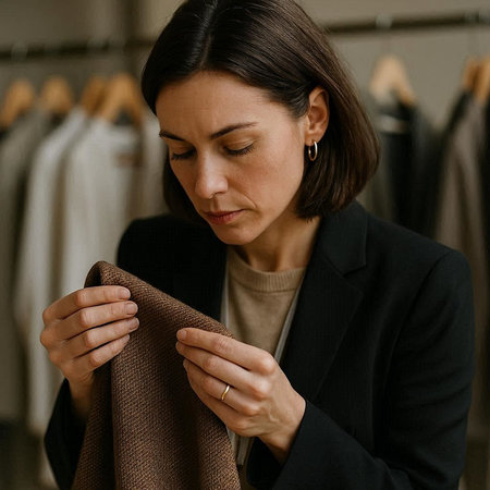Close up portrait of a beautiful young business woman in a suit holding a scarf in her hands